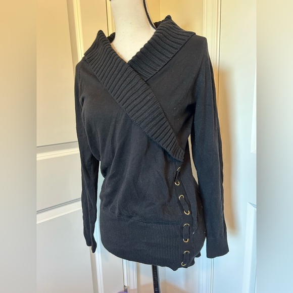 Style & Co. Sweaters - Black fold over crossover woven gold embellishment sweater